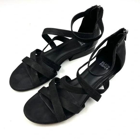 Eileen Fisher Eva Black Leather Strappy Sandals size 8.5 - Picture 2 of 8
